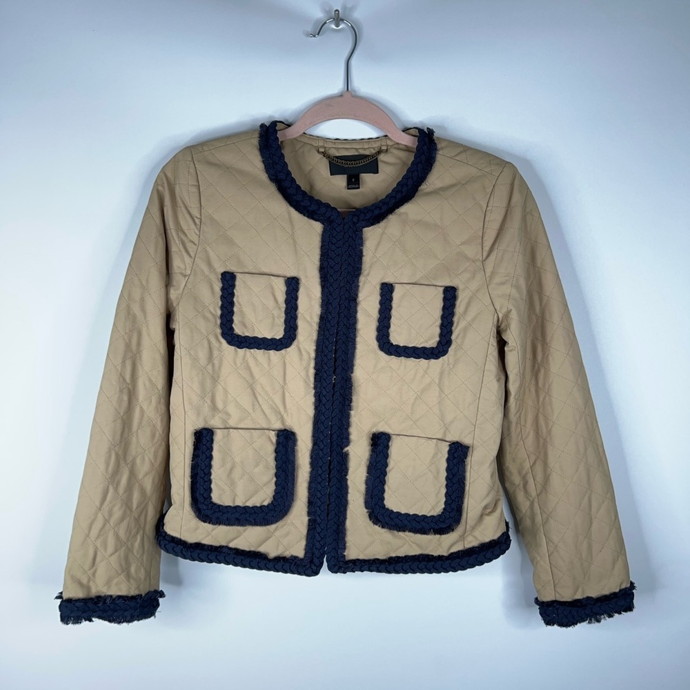 J Crew Tan Navy Quilted Lady Jacket Blazer Braided Trim Accents Classic Size 2